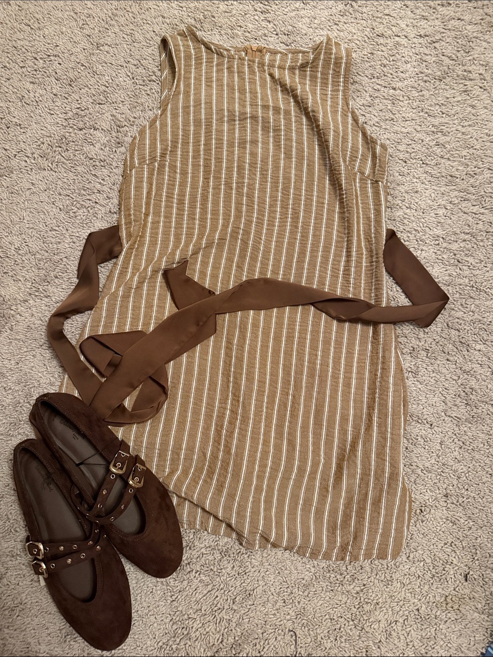 Sleeveless Striped Linen-Blend Dress in Tan
